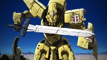 HD PC desktop wallpaper featuring a yellow mech holding a large, broken sword from the anime Broken Blade against a clear blue sky.