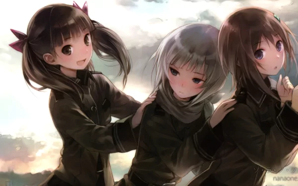 HD PC desktop wallpaper/background of Kureha Suminoya, Kanata Sorami and Noël Kannagi from the anime Sora no Woto, smiling together against a soft cloudy sky.