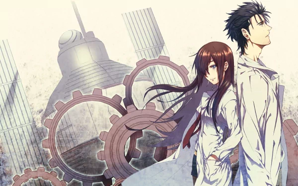 HD wallpaper featuring Kurisu Makise and Rintaro Okabe from the anime Steins;Gate, with a backdrop of gears and scientific elements.