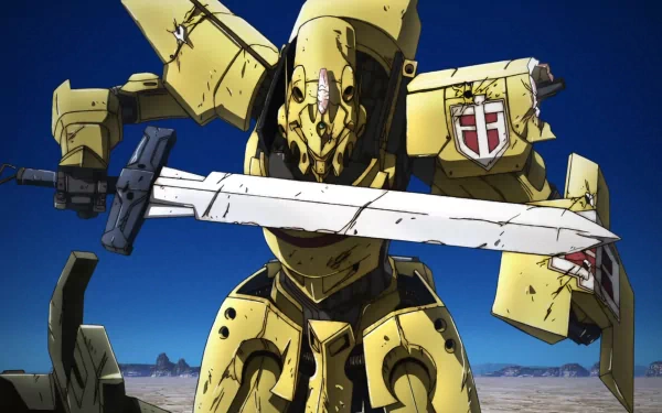HD PC desktop wallpaper featuring a yellow mech holding a large, broken sword from the anime Broken Blade against a clear blue sky.