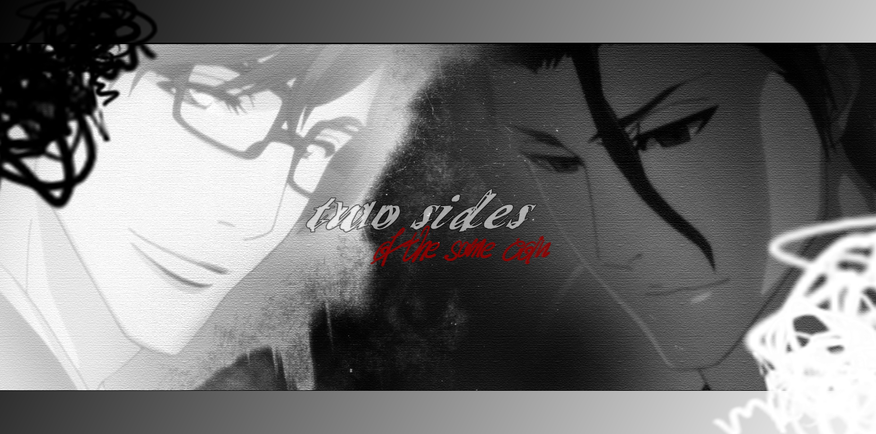 A high-definition desktop wallpaper featuring Sōsuke Aizen from the anime Bleach, showcasing a theme of duality with contrasting imagery and bold text reading two sides of the same coin.