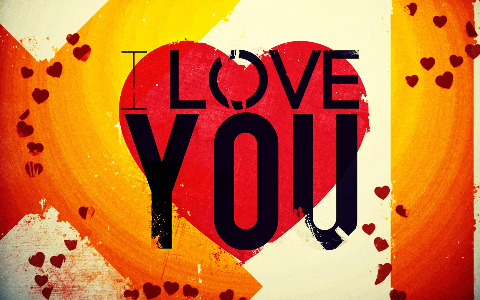 A vibrant, artistic HD desktop wallpaper featuring a large heart with the words I LOVE YOU, surrounded by colorful hearts and a warm background, celebrating love.