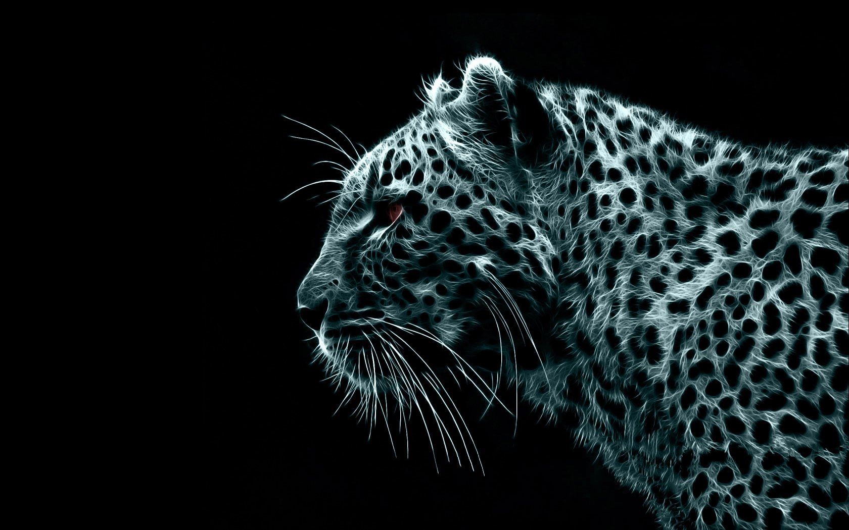 HD artistic PC desktop wallpaper featuring a detailed side profile of a glowing leopard against a black background, highlighting its spots and whiskers.