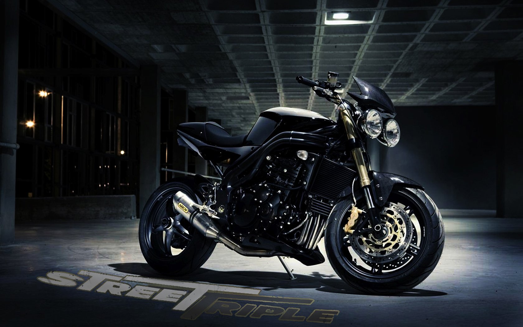HD PC desktop wallpaper of a black streetfighter motorcycle in a dim underground parking garage, dramatic lighting and reflective floor.