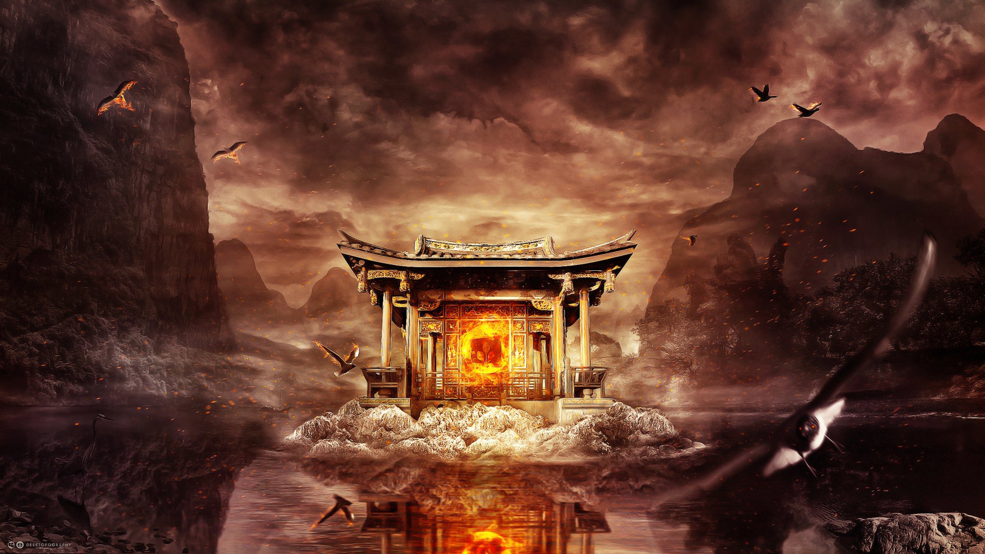 Artistic HD desktop wallpaper featuring a glowing temple surrounded by mist and birds, set against a dramatic, fiery sky and reflective water.