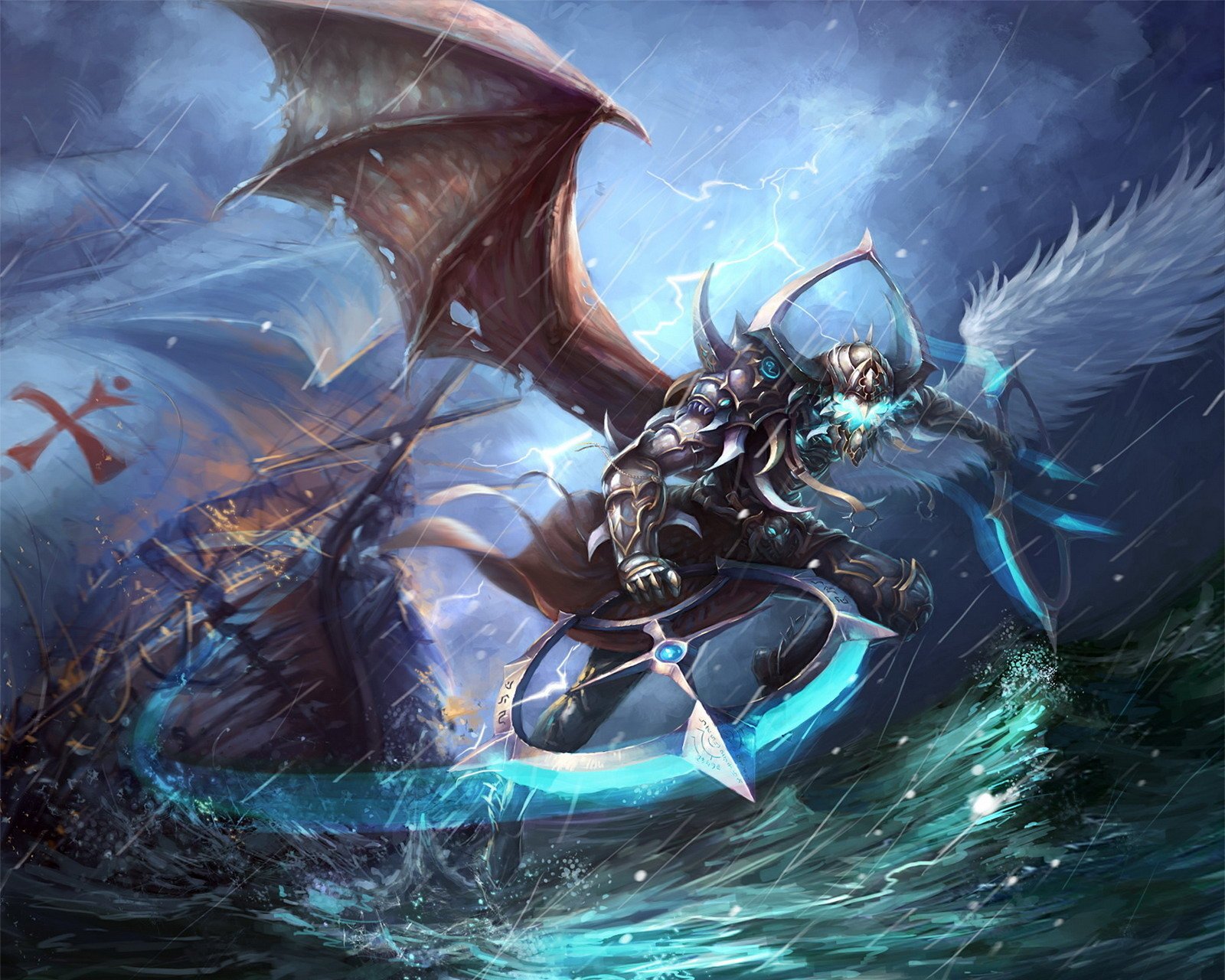 HD fantasy warrior with dark armor and glowing blue energy weapons battles a dragon-like creature atop stormy seas, creating a dynamic and intense desktop wallpaper scene.
