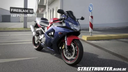 HD PC desktop wallpaper/background showing a Honda CBR sportbike (vehicle) with blue and red fairings parked on an urban street, StreetHunter.blog watermark.