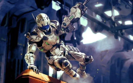 HD PC desktop wallpaper featuring a dynamic action scene from the video game Vanquish, showcasing a futuristic armored character in mid-motion within a sci-fi environment.