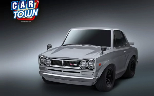 HD PC desktop wallpaper of a silver classic Nissan car from the Car Town video game, rendered against a neutral gray background with the Car Town logo in the corner.