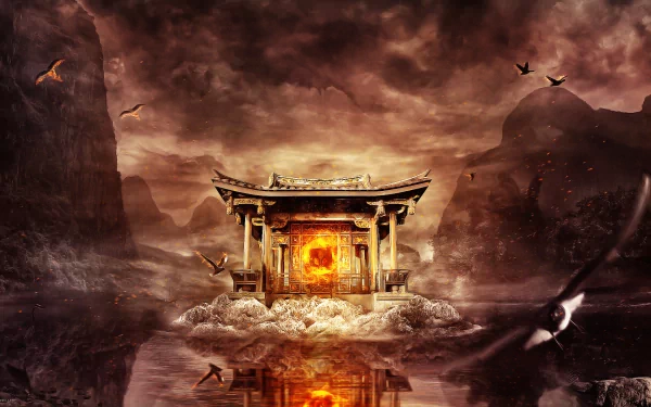 Artistic HD desktop wallpaper featuring a glowing temple surrounded by mist and birds, set against a dramatic, fiery sky and reflective water.