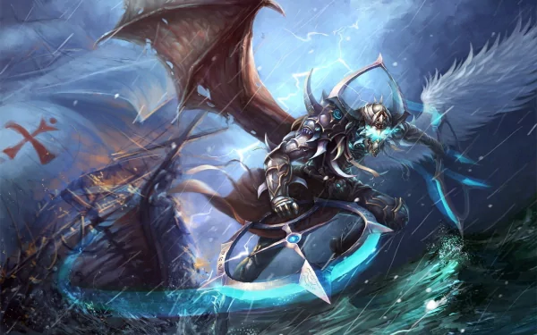 HD fantasy warrior with dark armor and glowing blue energy weapons battles a dragon-like creature atop stormy seas, creating a dynamic and intense desktop wallpaper scene.