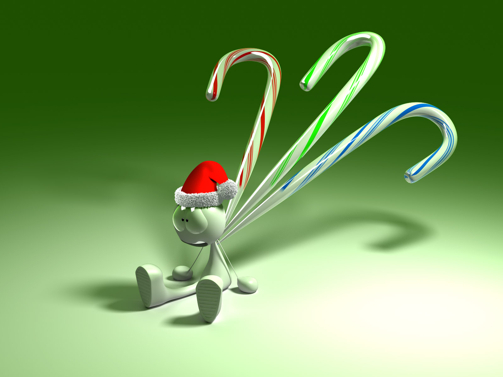 Santa hat and candy cane on HD desktop wallpaper.