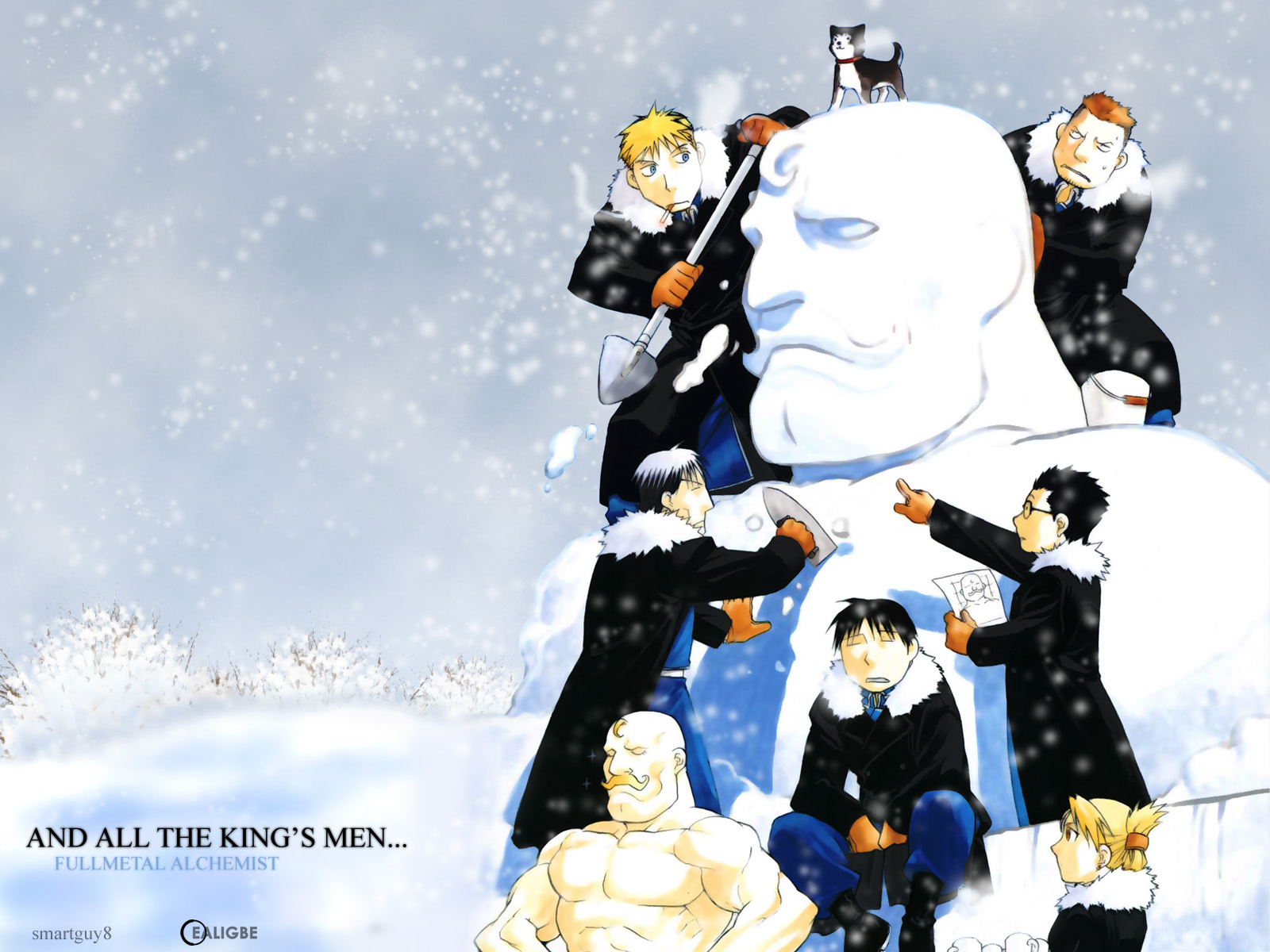 Prominent characters of Fullmetal Alchemist gathered in a snowy landscape with a sculpture and a dog.