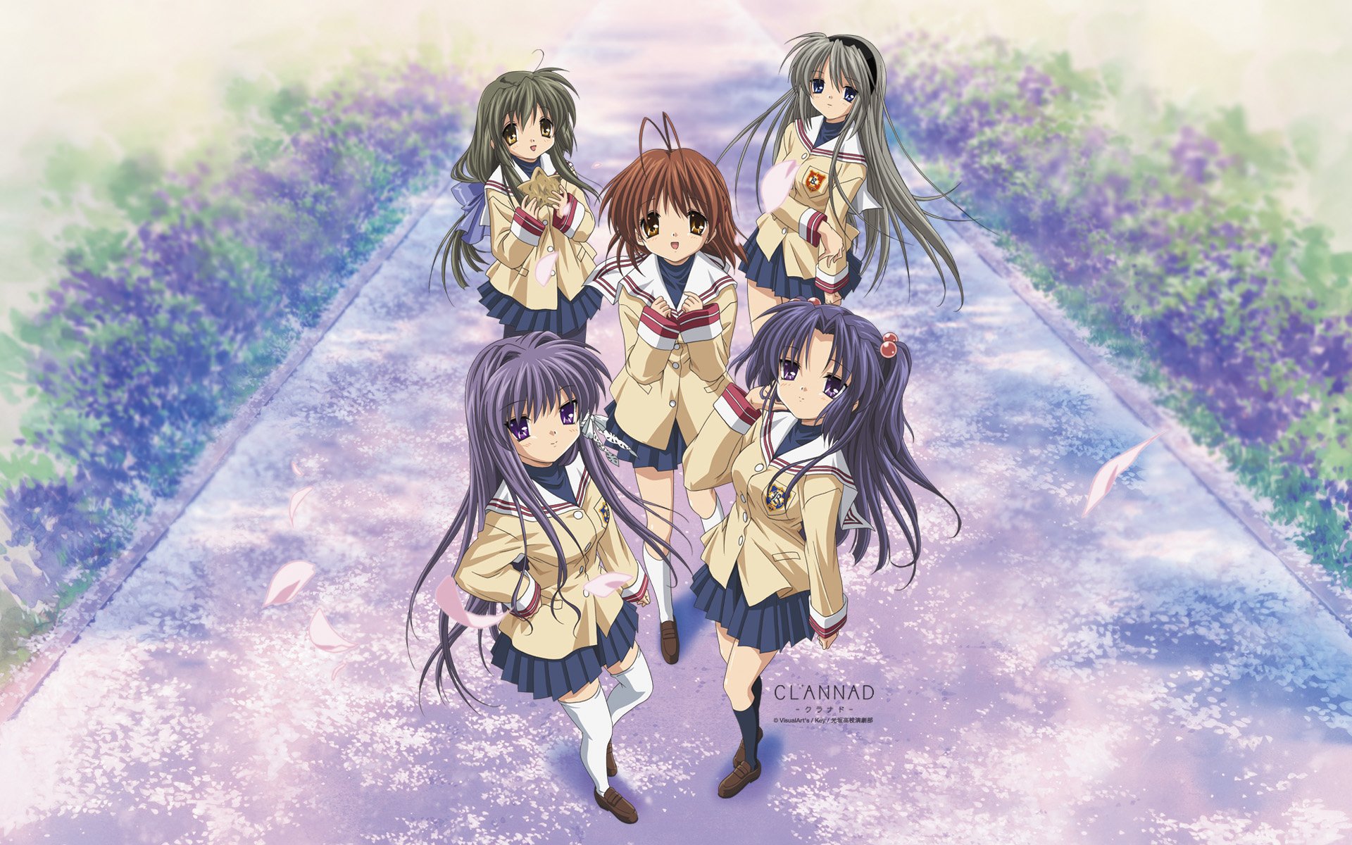HD PC desktop wallpaper featuring Kotomi Ichinose, Tomoyo Sakagami, Fuuko Ibuki, Nagisa Furukawa, Ryou Fujibayashi, and Kyou Fujibayashi from the anime Clannad.