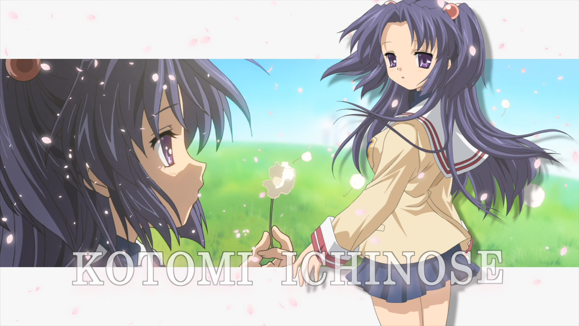 HD anime desktop wallpaper featuring Kotomi Ichinose from Clannad with a soft, green outdoor background and delicate falling petals.