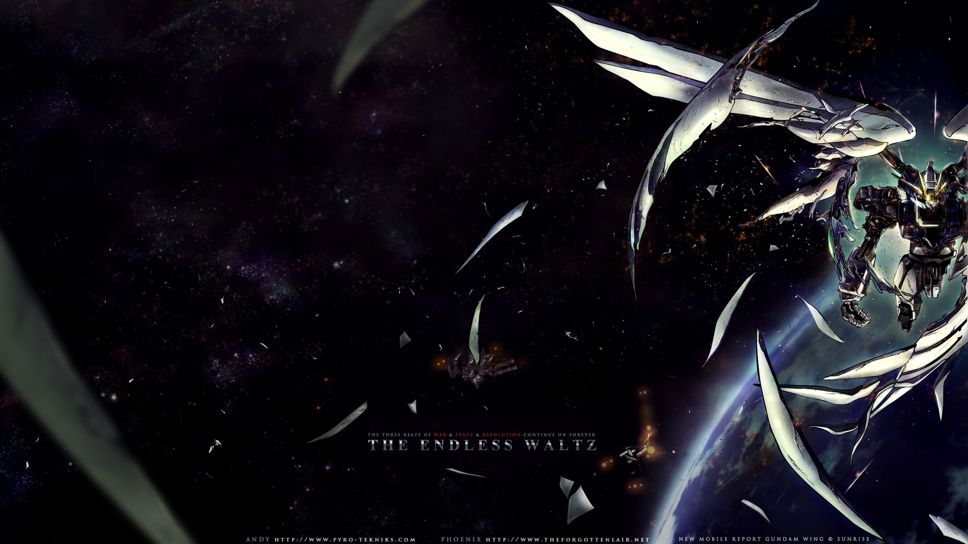 HD anime Gundam desktop wallpaper depicting space with large mechanical wings and Earth in the background, inspired by The Endless Waltz series.