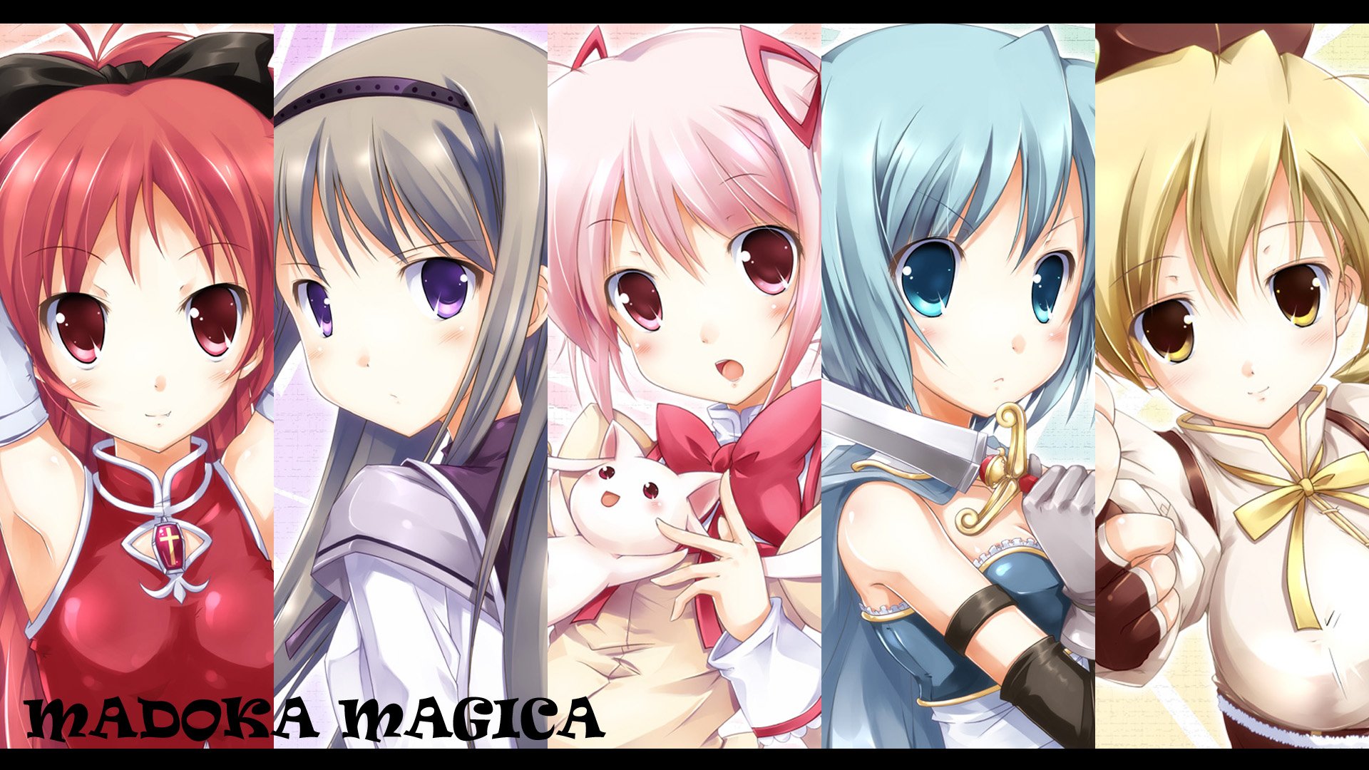 Colorful HD wallpaper featuring characters from Puella Magi Madoka Magica, including Kyuubey, Sayaka Miki, Mami Tomoe, Kyōko Sakura, Madoka Kaname, and Homura Akemi.