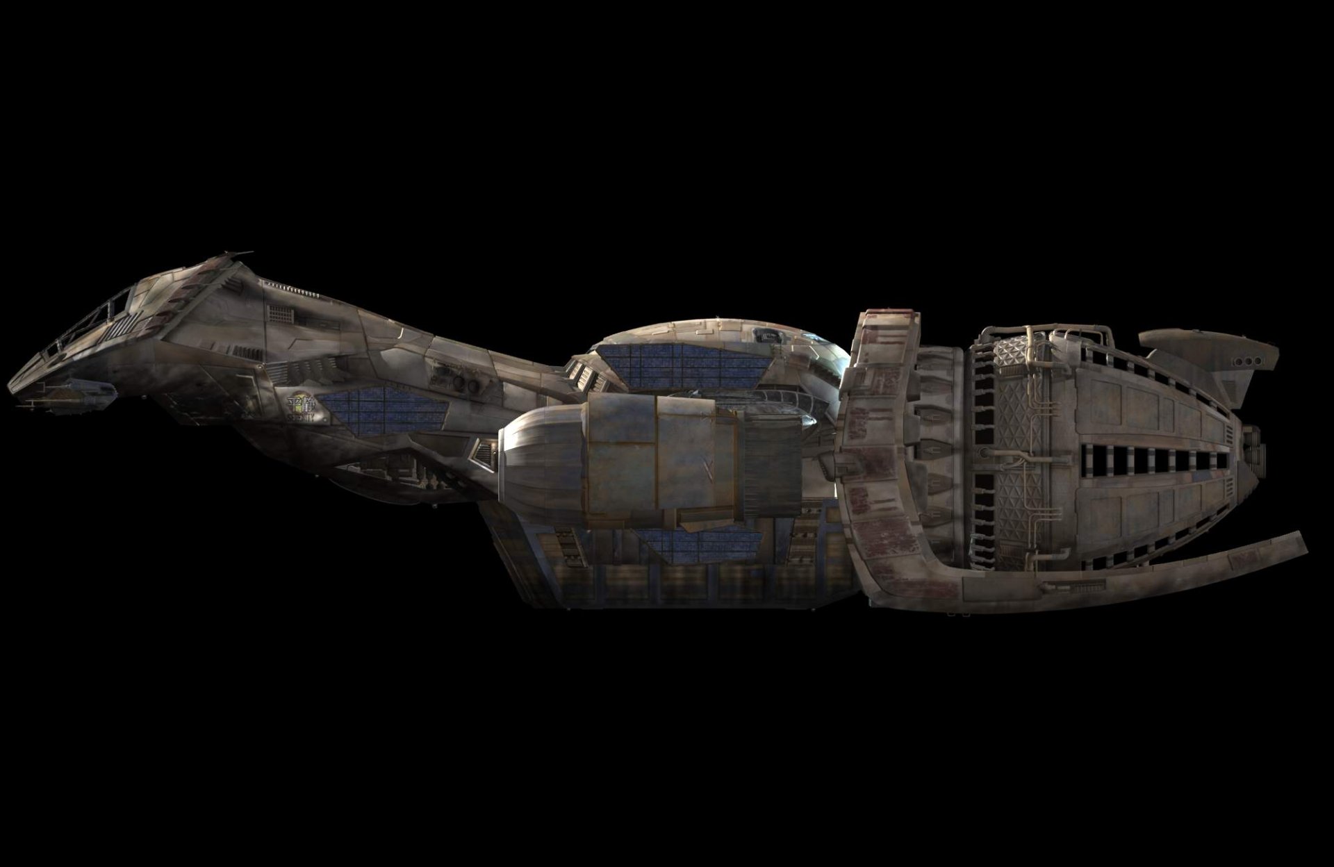 HD PC desktop wallpaper of Serenity from the TV show Firefly: the weathered transport ship shown in profile against a black background.