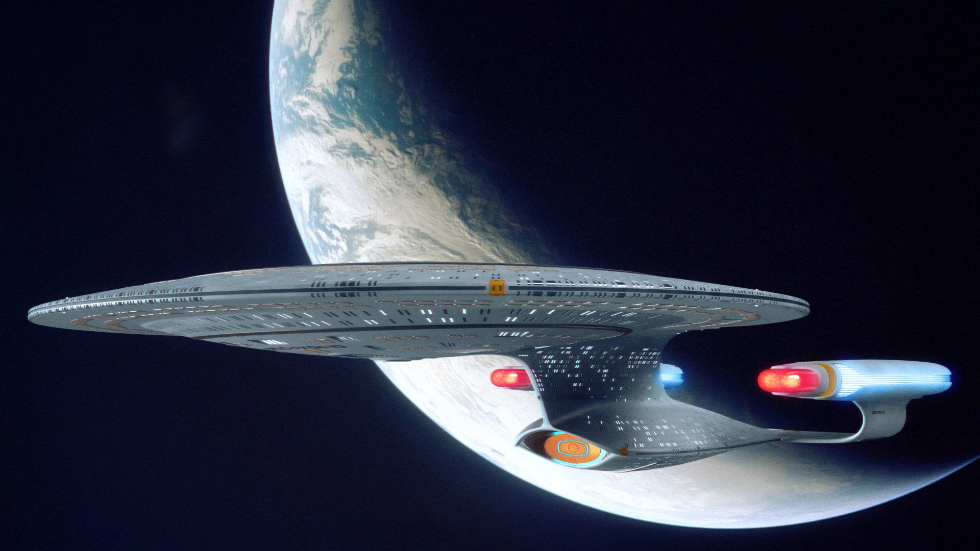 HD PC desktop wallpaper featuring the Star Trek spaceship soaring in space with a detailed view of Earth in the background, showcasing classic sci-fi elements.