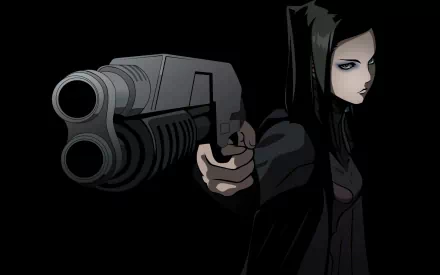 HD anime desktop wallpaper from Ergo Proxy featuring a dark-haired character in a hooded cloak aiming a large gun toward the viewer against a black background.