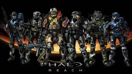 HD PC desktop wallpaper featuring a lineup of armored characters from the video game Halo: Reach against a dark, fiery background.