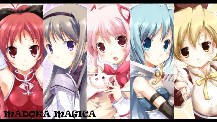 Colorful HD wallpaper featuring characters from Puella Magi Madoka Magica, including Kyuubey, Sayaka Miki, Mami Tomoe, Kyōko Sakura, Madoka Kaname, and Homura Akemi.