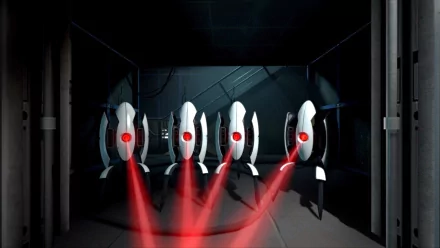 Portal 2 video game HD PC desktop wallpaper: four white Aperture turrets with glowing red sensors and laser beams in a dim testing chamber background.
