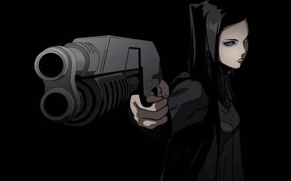 HD anime desktop wallpaper from Ergo Proxy featuring a dark-haired character in a hooded cloak aiming a large gun toward the viewer against a black background.