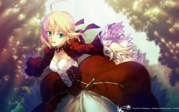 A vibrant HD wallpaper featuring Red Saber from the anime Fate/Extra, showcasing her dynamic pose amidst a serene forest backdrop.