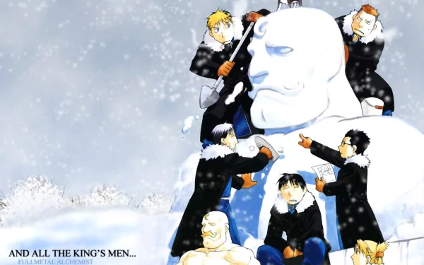 Fullmetal Alchemist winter scene featuring Riza Hawkeye, Roy Mustang, Heymans Breda, Vato Falman, Kain Fuery, Jean Havoc, and Alex Louis Armstrong building a snow sculpture, with a dog, set as an HD wallpaper.