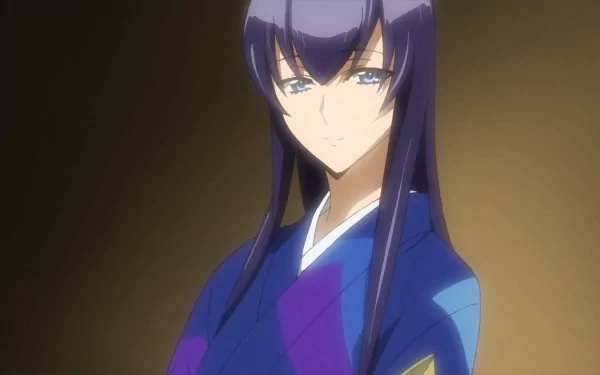 HD anime desktop wallpaper featuring a character from Highschool of the Dead with long dark hair and a calm expression, dressed in traditional Japanese attire.