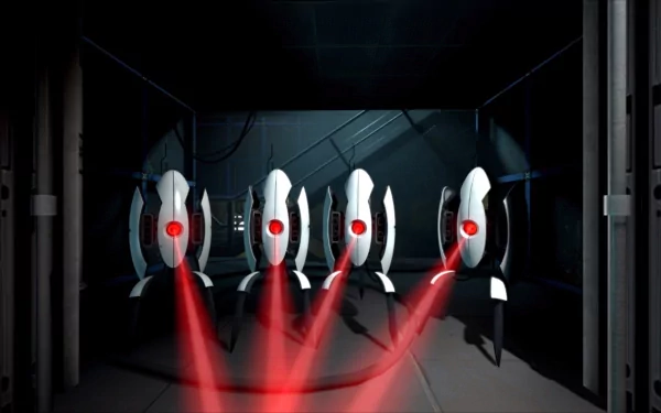 Portal 2 video game HD PC desktop wallpaper: four white Aperture turrets with glowing red sensors and laser beams in a dim testing chamber background.
