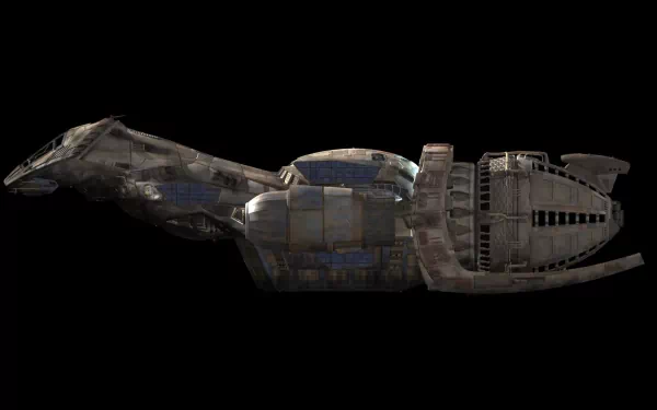 HD PC desktop wallpaper of Serenity from the TV show Firefly: the weathered transport ship shown in profile against a black background.