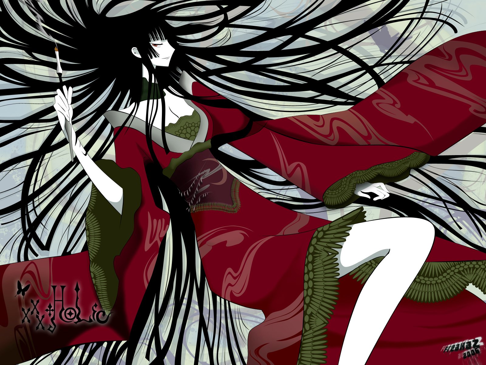 HD PC desktop wallpaper of xxxHOLiC anime: elegant woman in flowing red kimono with long black hair swirling around her against a pale, stylized patterned background