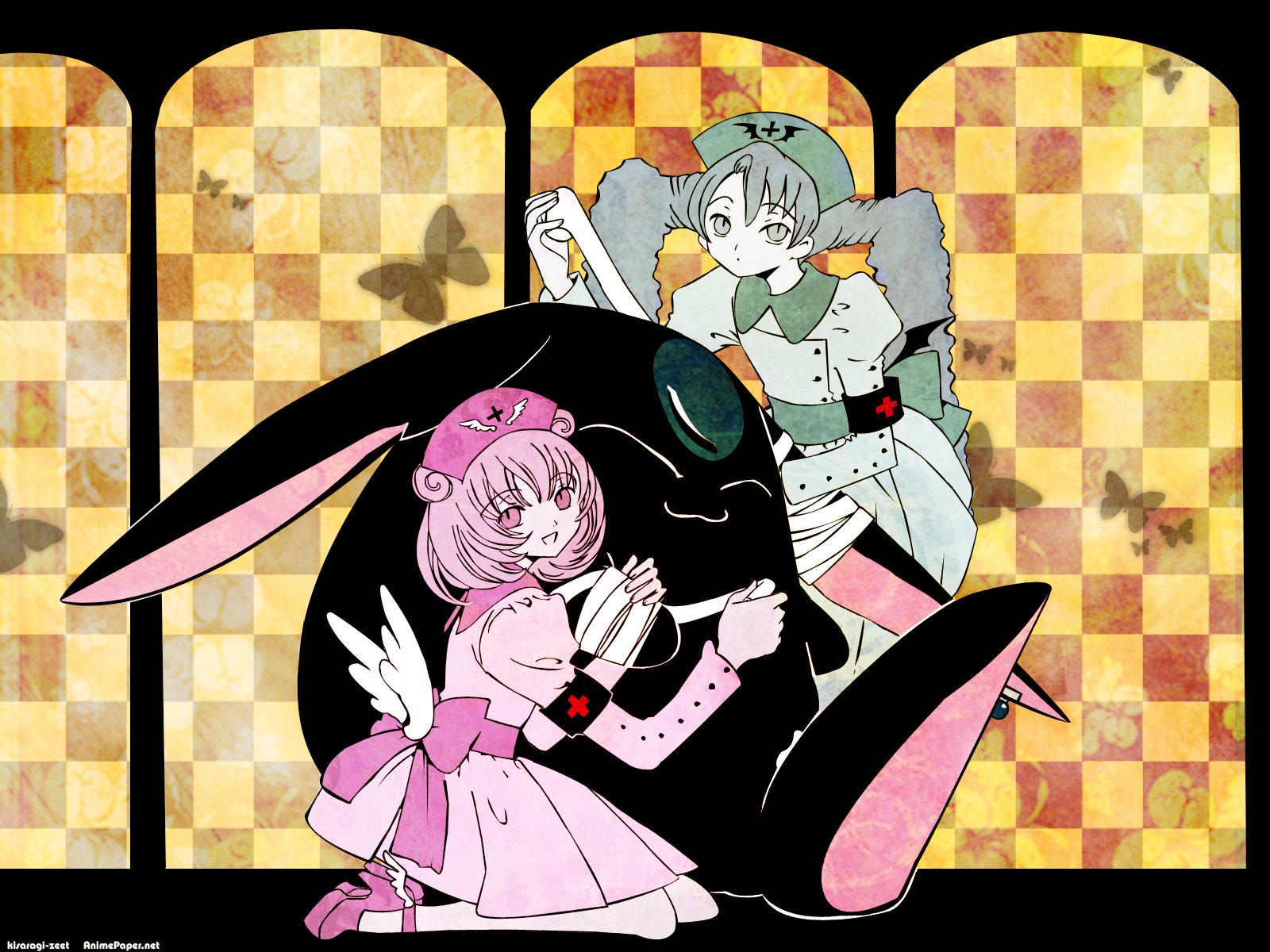 HD PC desktop wallpaper — anime xxxHOLiC: pink-haired girl in a frilly dress and a gray-green companion cuddle a large black rabbit against a golden checkered background with butterfly silhouettes.