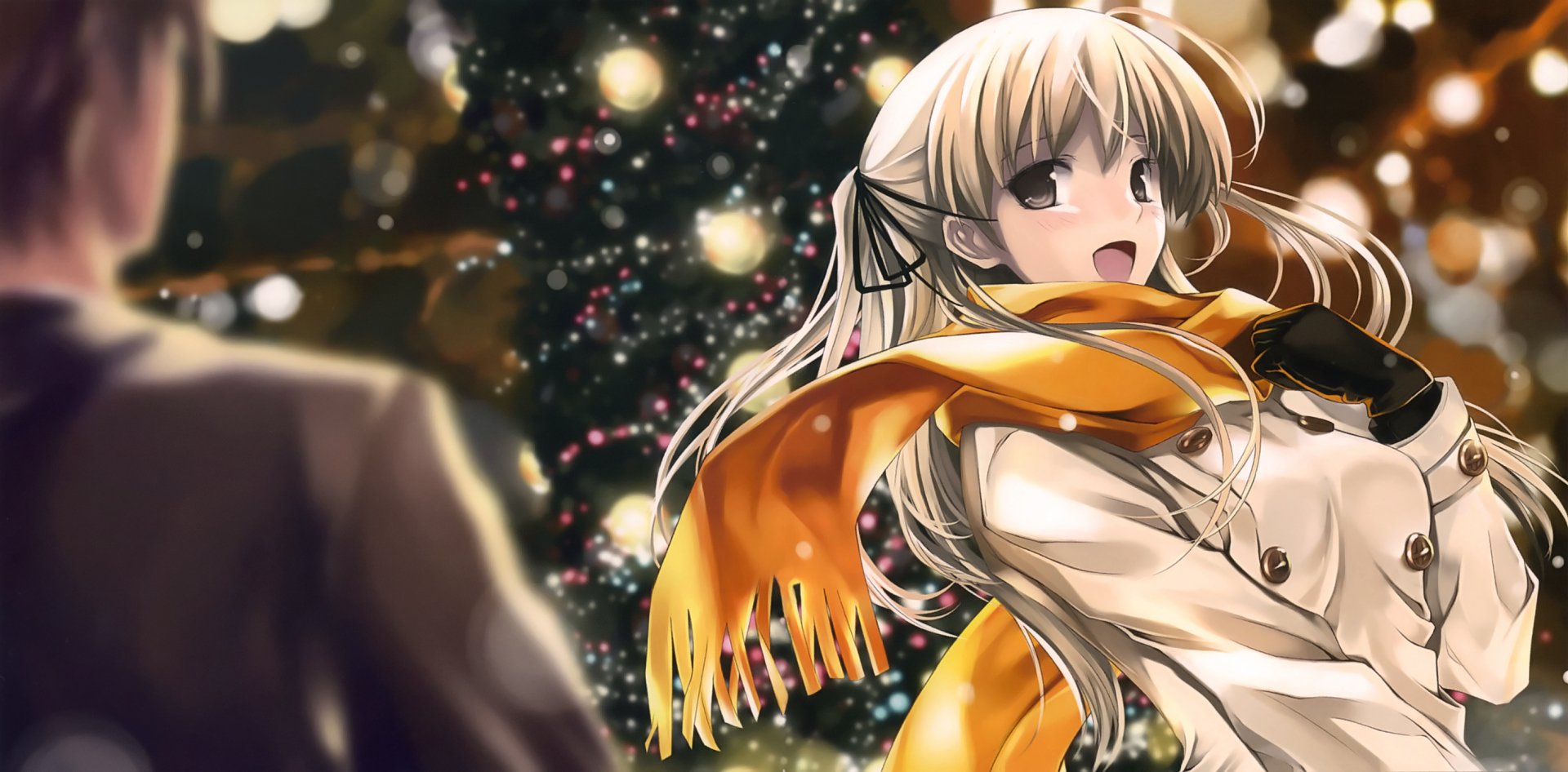 HD anime desktop wallpaper featuring a smiling woman with long blonde hair and a bright orange scarf, set against a festive, softly lit background.