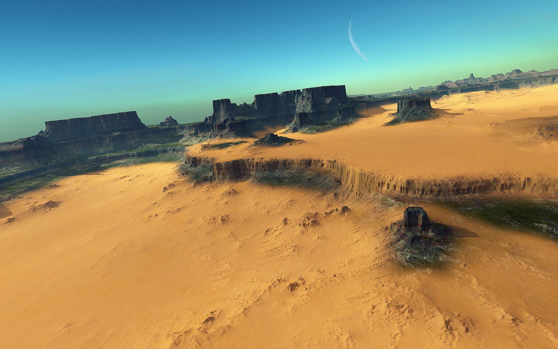 Artistic HD desktop wallpaper depicting a desert landscape with rugged mountains and a crescent moon in a clear sky, blending natural and surreal elements.