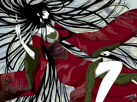 HD PC desktop wallpaper of xxxHOLiC anime: elegant woman in flowing red kimono with long black hair swirling around her against a pale, stylized patterned background