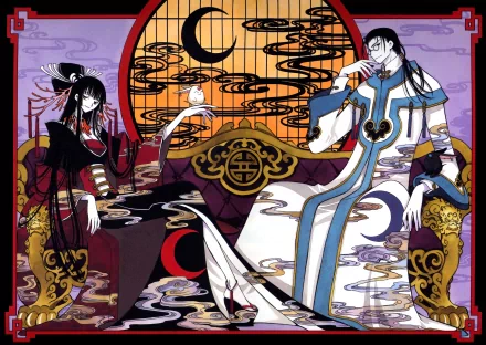 Anime xxxHOLiC scene: two ornate, robed characters lounging before a large moonlit window with swirling mist and decorative patterns — 4K Ultra HD PC desktop wallpaper/background.