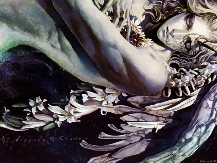 An artistic HD wallpaper featuring a dreamy, ethereal image of a person intertwined with flowers, showcasing intricate details and soft hues.