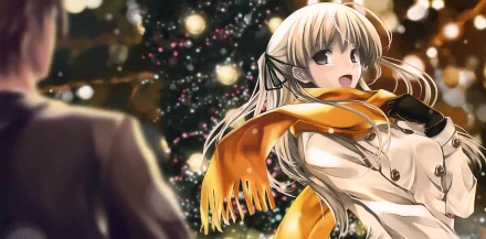 HD anime desktop wallpaper featuring a smiling woman with long blonde hair and a bright orange scarf, set against a festive, softly lit background.