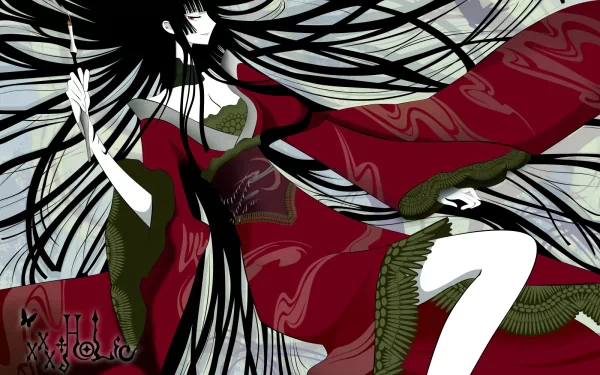 HD PC desktop wallpaper of xxxHOLiC anime: elegant woman in flowing red kimono with long black hair swirling around her against a pale, stylized patterned background