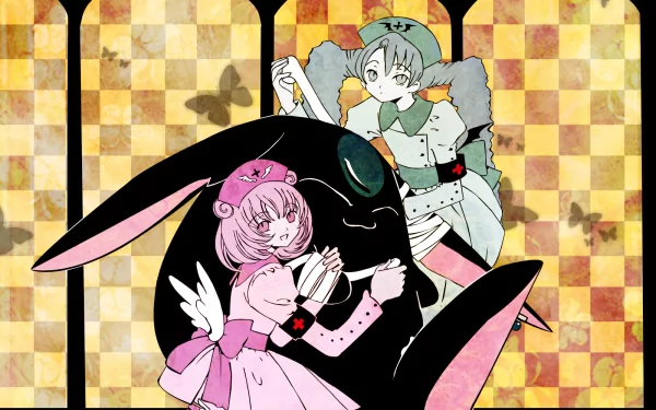 HD PC desktop wallpaper — anime xxxHOLiC: pink-haired girl in a frilly dress and a gray-green companion cuddle a large black rabbit against a golden checkered background with butterfly silhouettes.