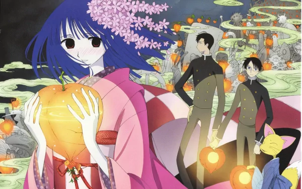 Anime-style 4K Ultra HD desktop wallpaper featuring characters from xxxHOLiC with vibrant cherry blossoms, glowing lanterns, and mystical, colorful background elements.