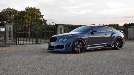 HD PC desktop wallpaper featuring a sleek, gray Bentley parked near ornate wrought iron gates under a cloudy sky.