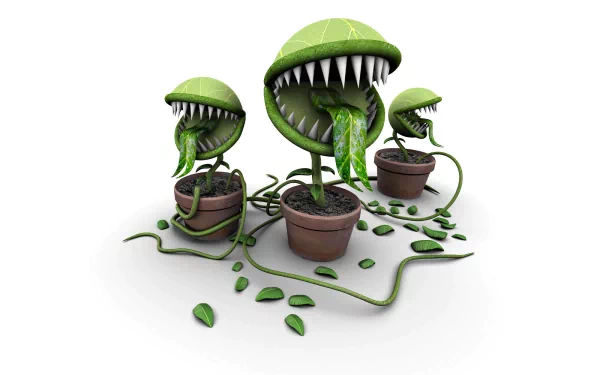 HD wallpaper featuring three Piranha Plants from the Super Mario video game series. The plants are depicted in pots with green leaves and tendrils, set against a white background.