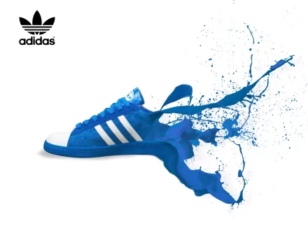A vibrant HD desktop wallpaper featuring a blue Adidas sneaker with a splash of paint, showcasing a dynamic and creative design. The Adidas logo is prominently displayed at the top.