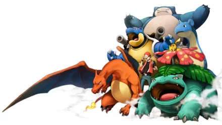 A vibrant HD wallpaper featuring iconic Pokémon characters: Venusaur, Charizard, Pikachu, Blastoise, Snorlax, Lapras, and Red from Pokémon: Red and Blue.