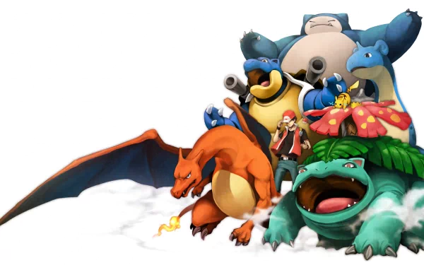 A vibrant HD wallpaper featuring iconic Pokémon characters: Venusaur, Charizard, Pikachu, Blastoise, Snorlax, Lapras, and Red from Pokémon: Red and Blue.