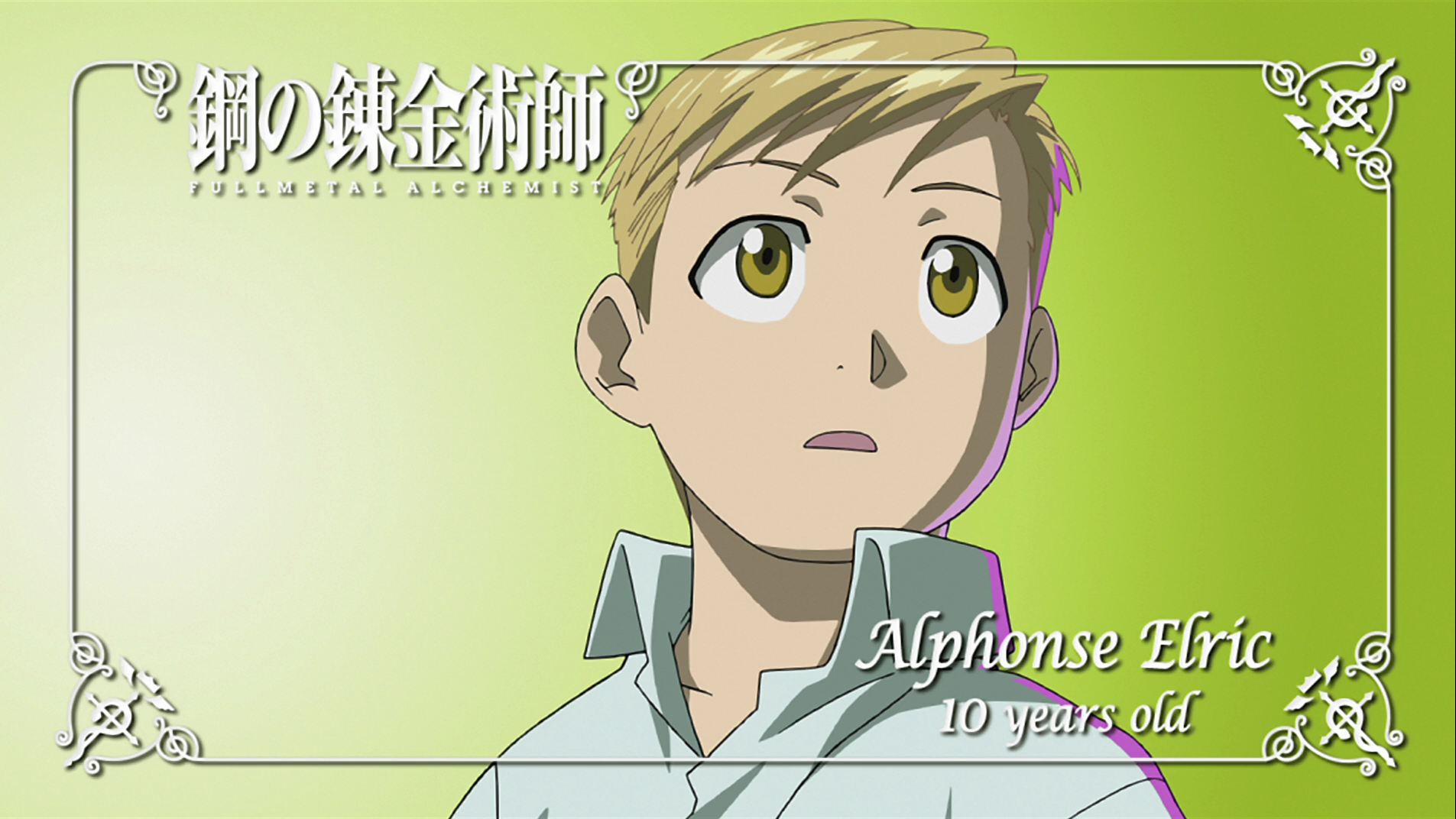 HD anime desktop wallpaper featuring Alphonse Elric, the young character from Fullmetal Alchemist, depicted with a green background and thoughtful expression.